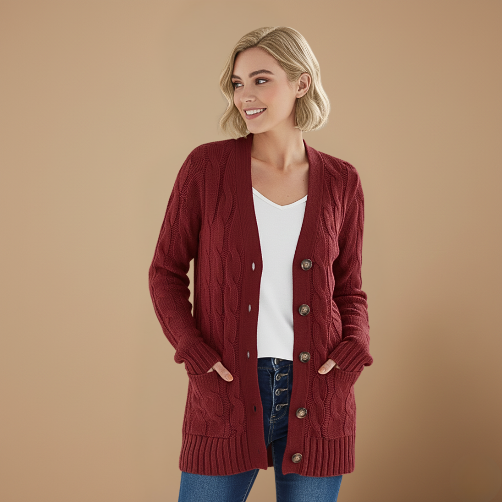Lange gebreide effen cardigan met enkele knoopsluiting voor dames Jelle Jora Mode