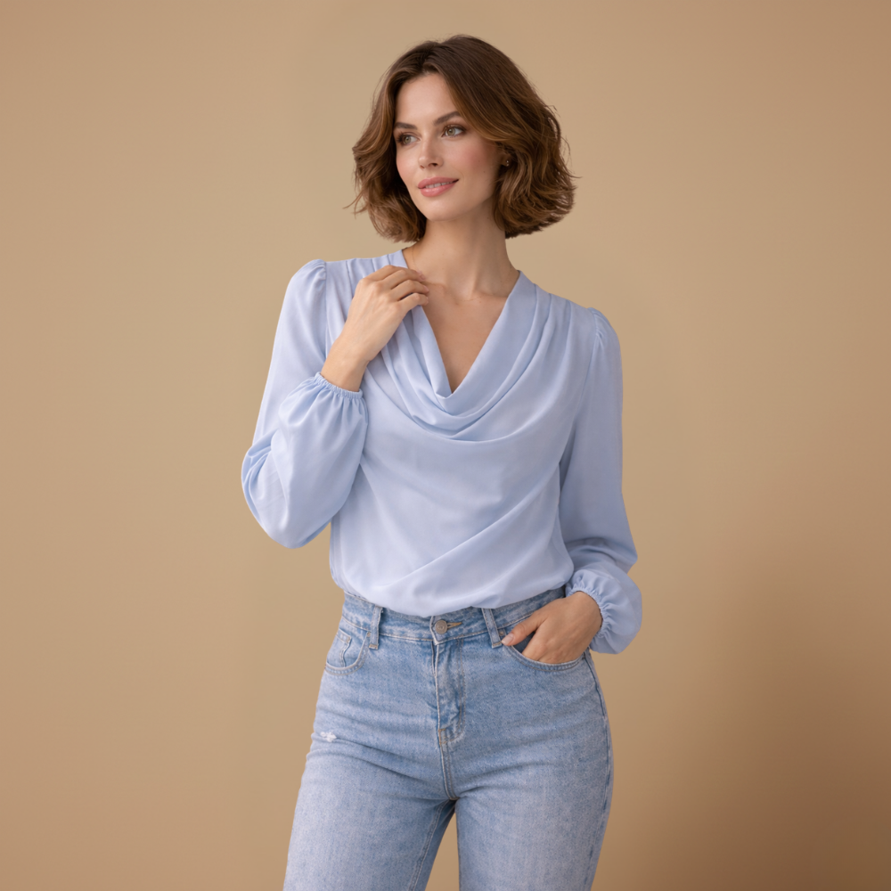 Dames casual blouse met gedrapeerde hals en pofmouwen Jelle Jora Mode