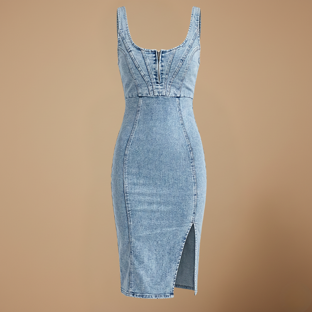 Damska sukienka midi bodycon bez rękawów z denimu z dekoltem w kształcie litery U
