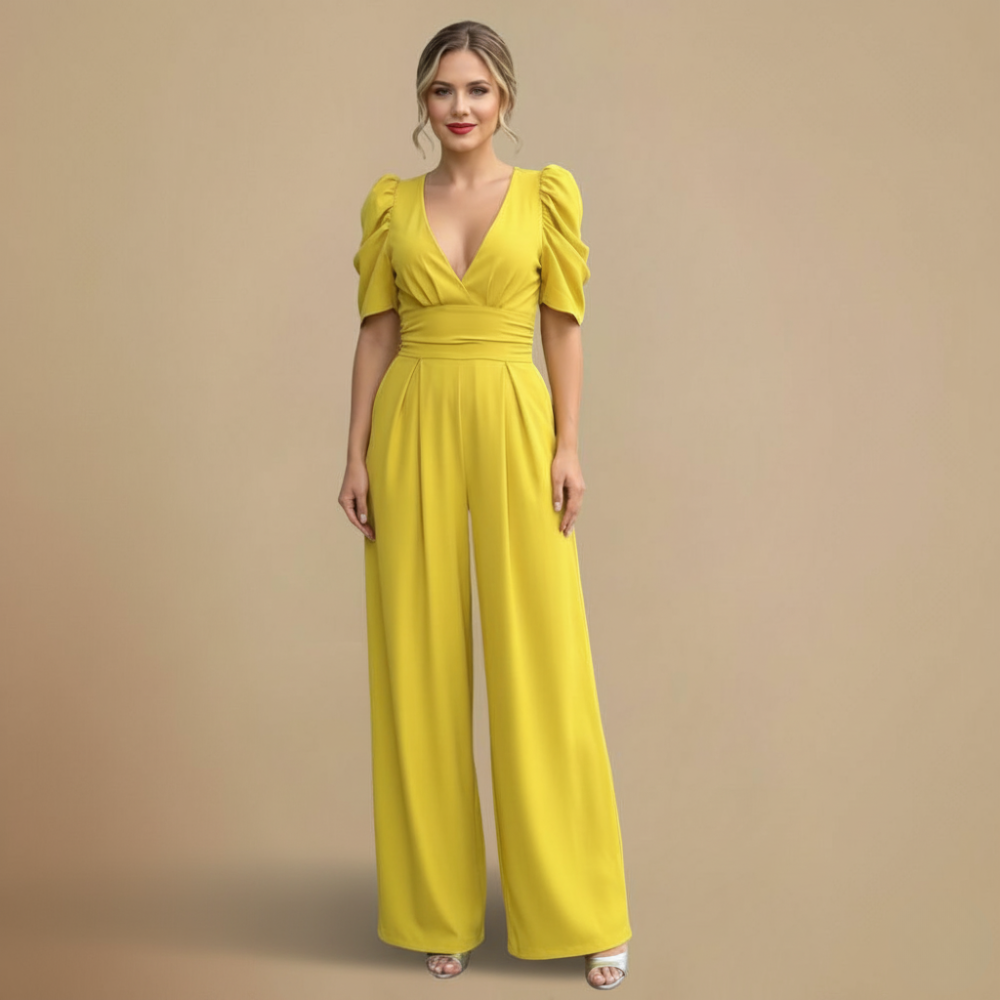 Jumpsuit met pofmouwen V-hals en wijde pijpen Jelle Jora Mode