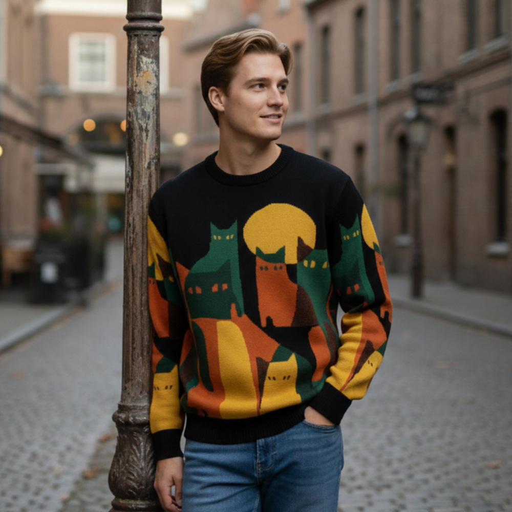 Luźny sweter vintage z nadrukiem kota