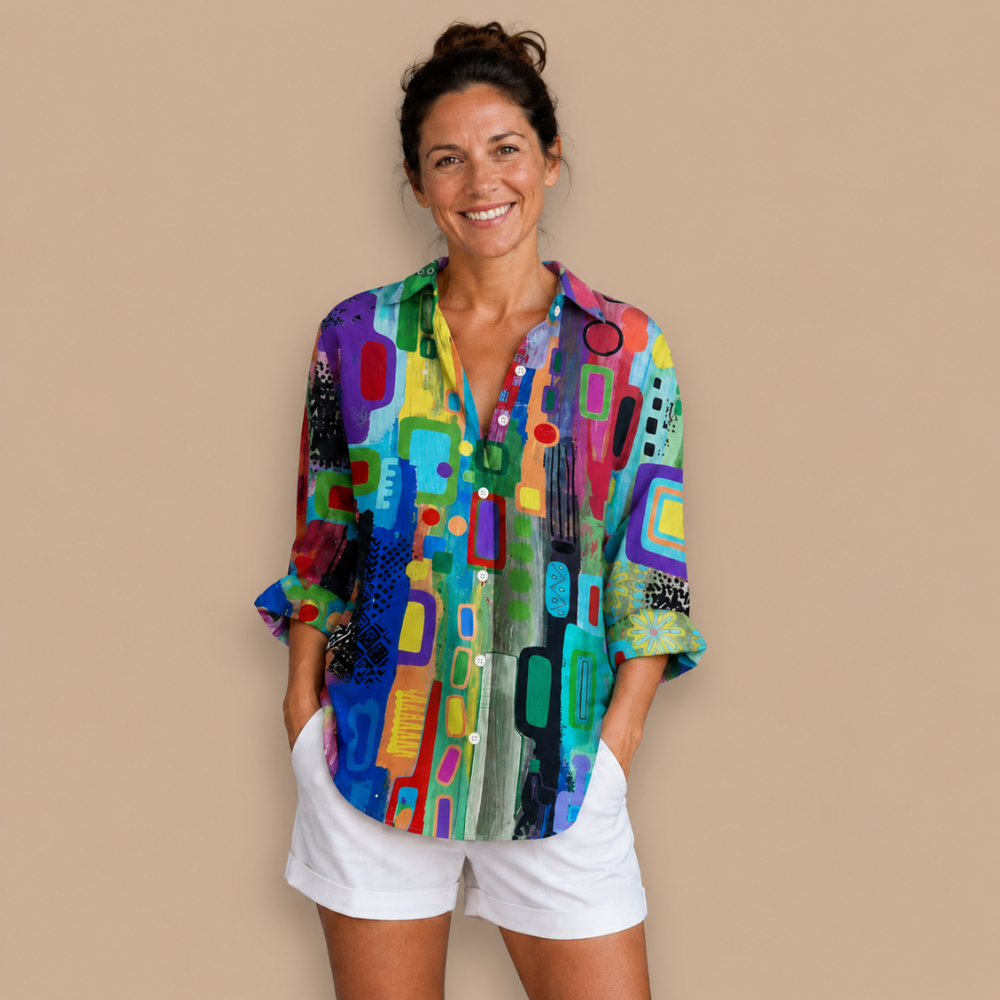 Dames casual blouse met lange mouwen knopen en abstract patroon Jelle Jora Mode