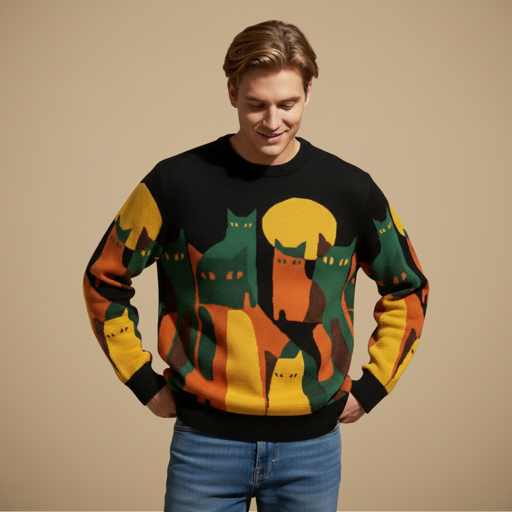 Luźny sweter vintage z nadrukiem kota