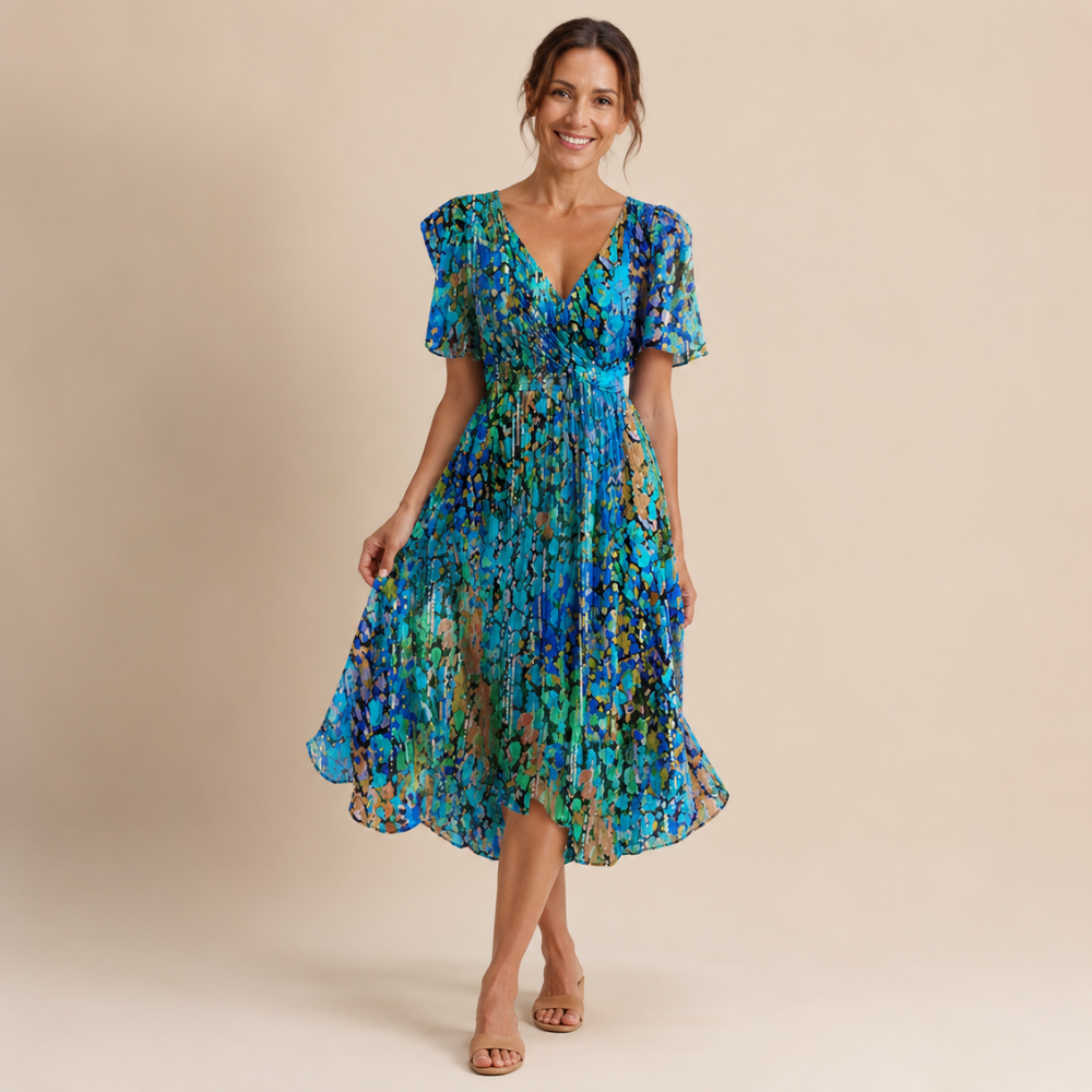 Dames midi-jurk met bloemendesign en V-hals met empire-taille Jelle Jora Mode