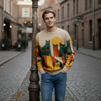 Luźny sweter vintage z nadrukiem kota