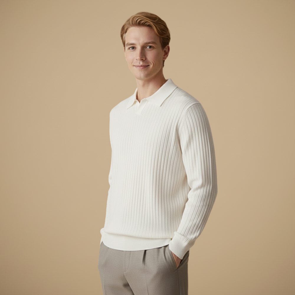 Minimalistyczna męska prążkowana dzianinowa koszulka polo slim fit