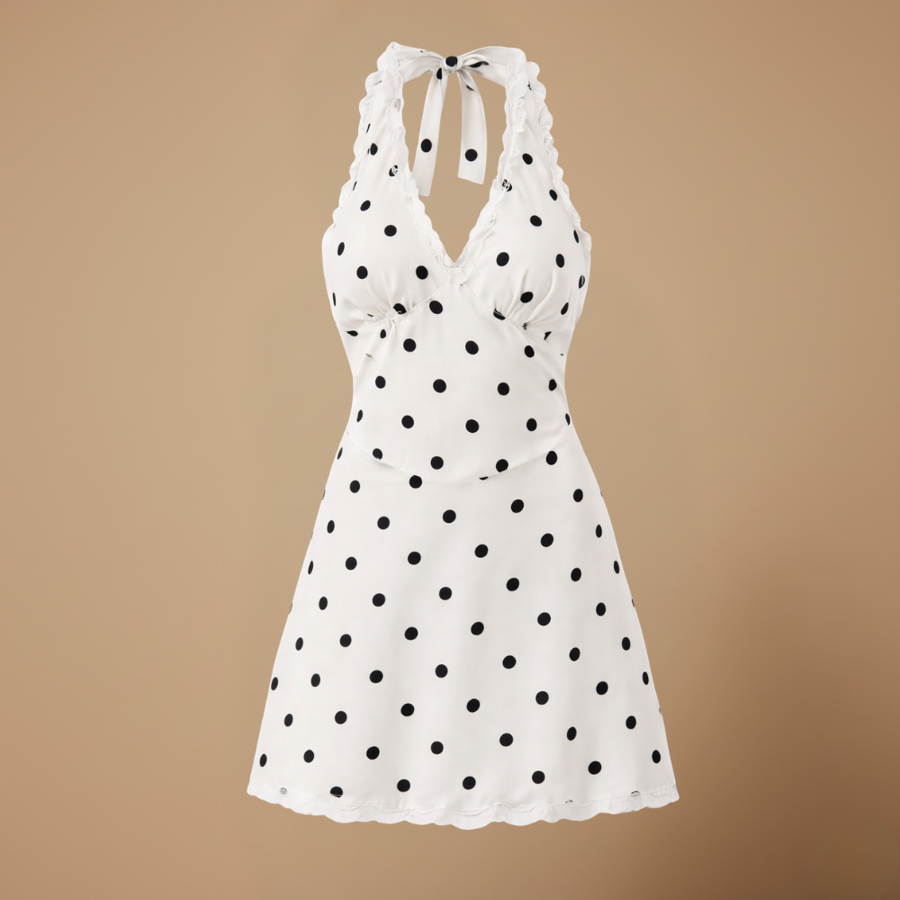 Damska elegancka sukienka mini z dekoltem typu halter i wzorem w kropki