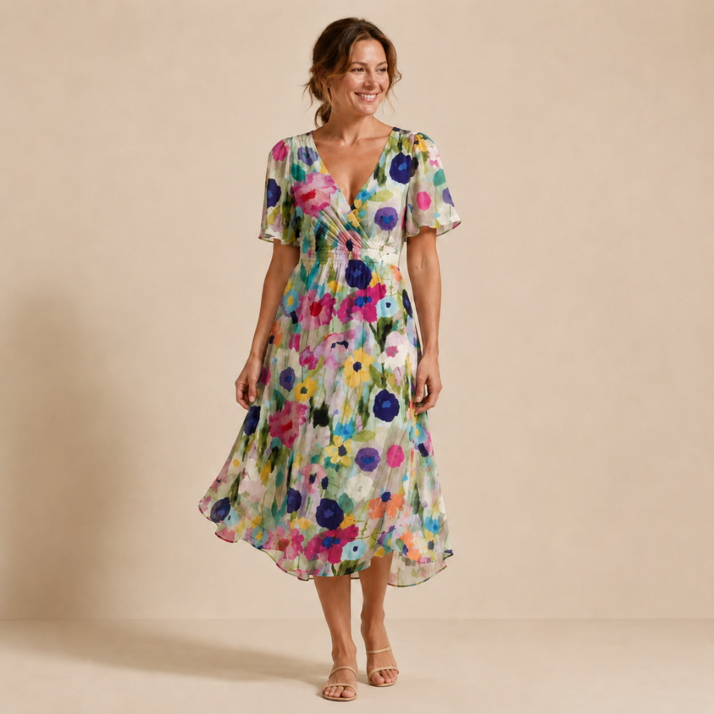 Dames midi-jurk met bloemendesign en V-hals met empire-taille Jelle Jora Mode