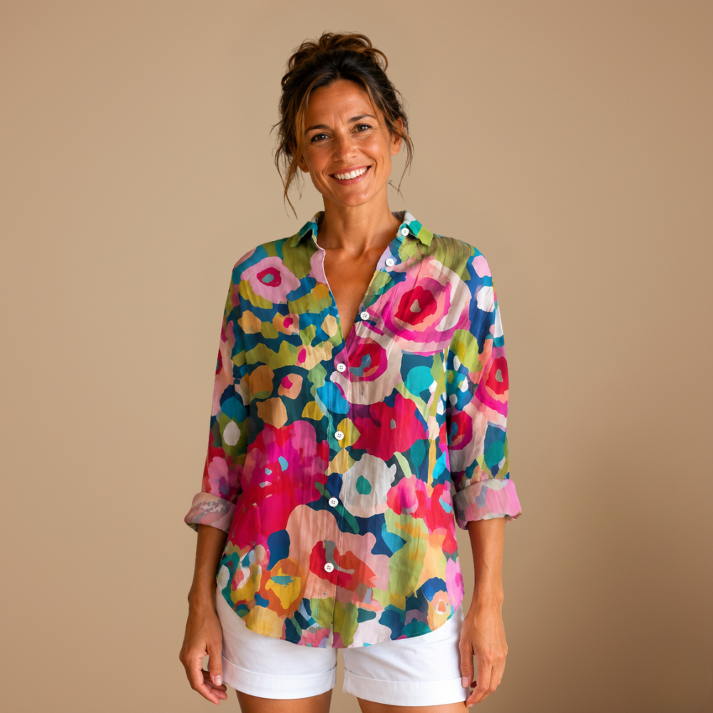 Dames casual blouse met bloemenprint lange mouwen en knopen Jelle Jora Mode