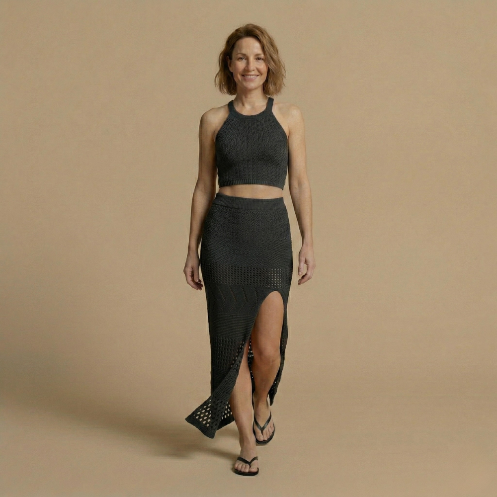 Dames gebreide stretchjurk met split en tanktopmodel Jelle Jora Mode