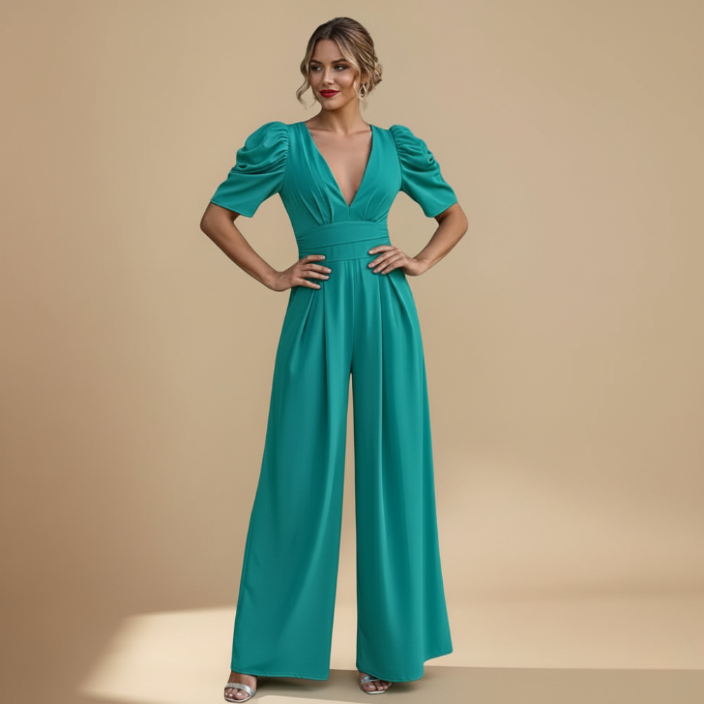 Jumpsuit met pofmouwen V-hals en wijde pijpen Jelle Jora Mode