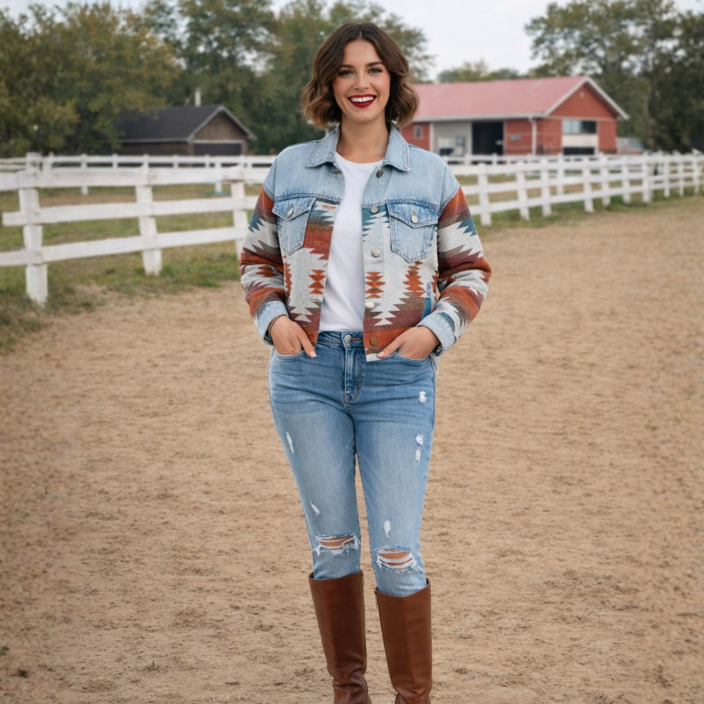 Kurtka jeansowa patchwork w stylu retro