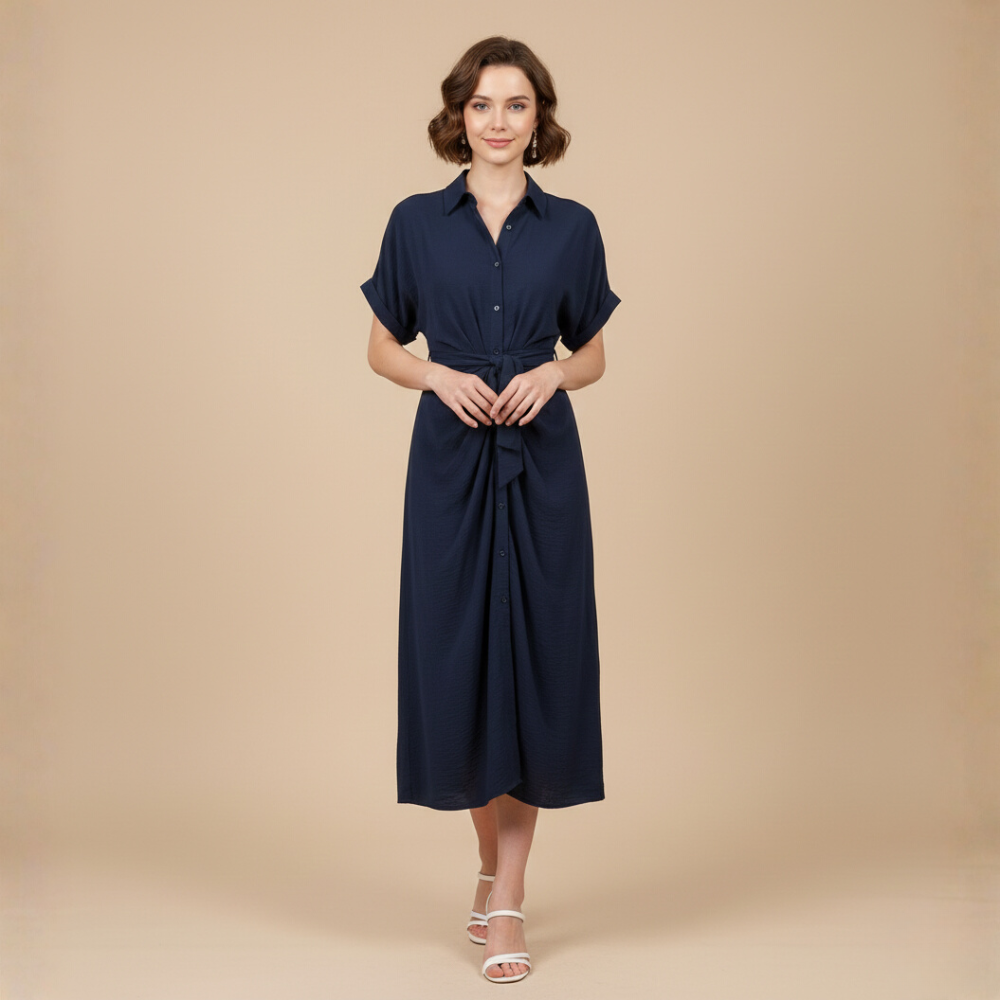Minimalistische midi-jurk met ruches en strikbandjes voor dames Jelle Jora Mode