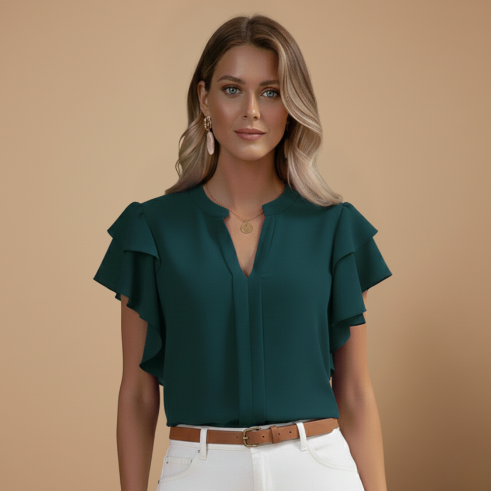 Damesblouse met ruches en V-hals – Stijlvolle zomerse casual top Jelle Jora Mode