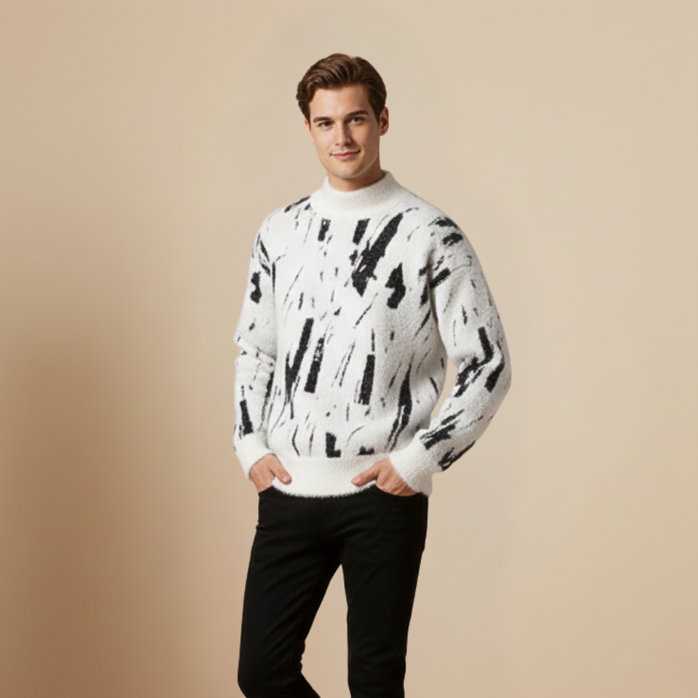 Heren gebreide trui met hoge kraag en abstract patroon Jelle Jora Mode