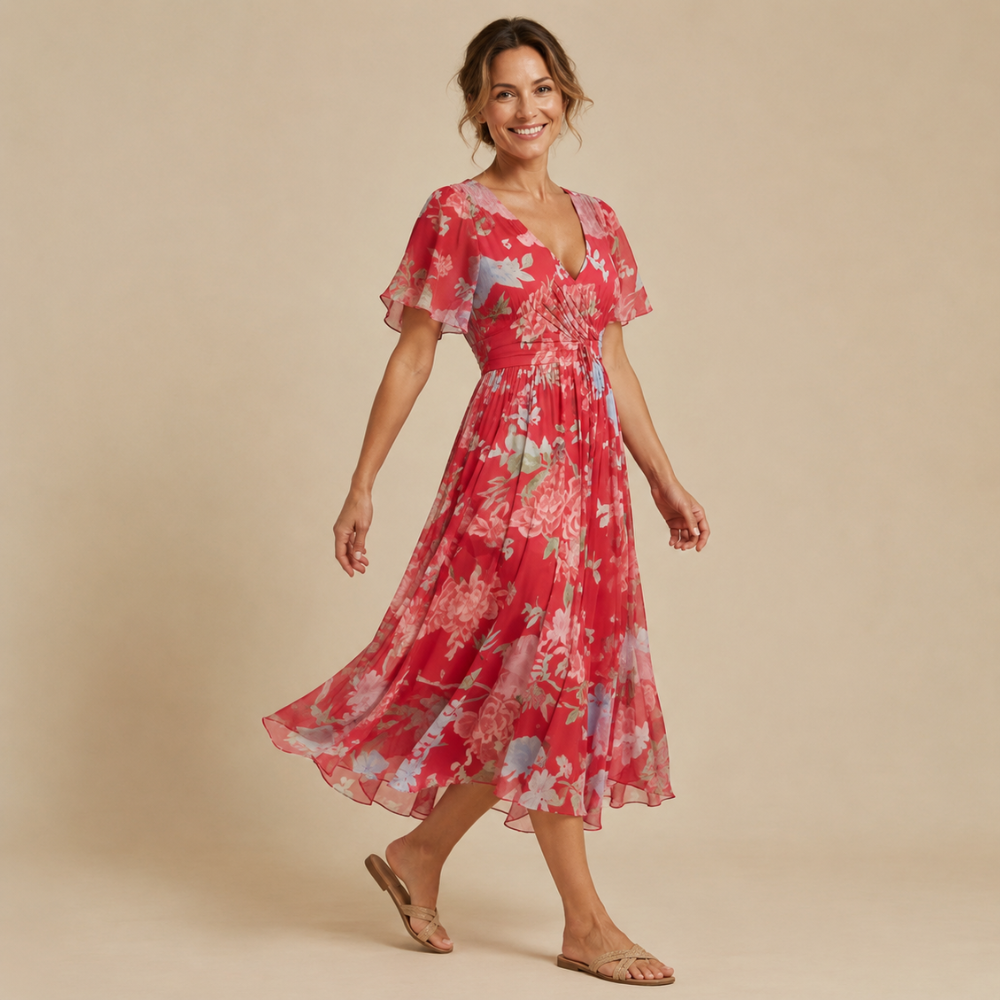 Dames midi-jurk met bloemendesign en V-hals met empire-taille Jelle Jora Mode
