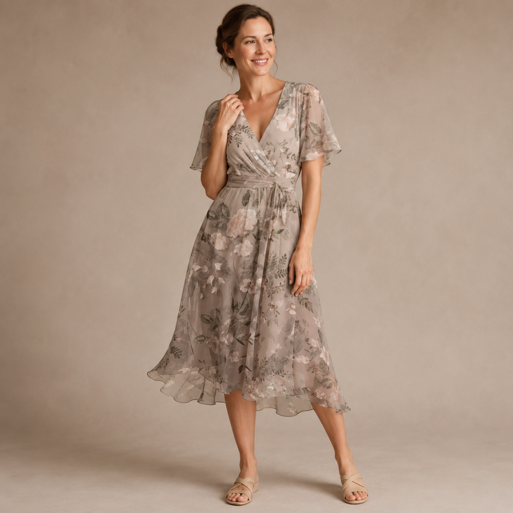 Dames midi-jurk met bloemendesign en V-hals met empire-taille Jelle Jora Mode