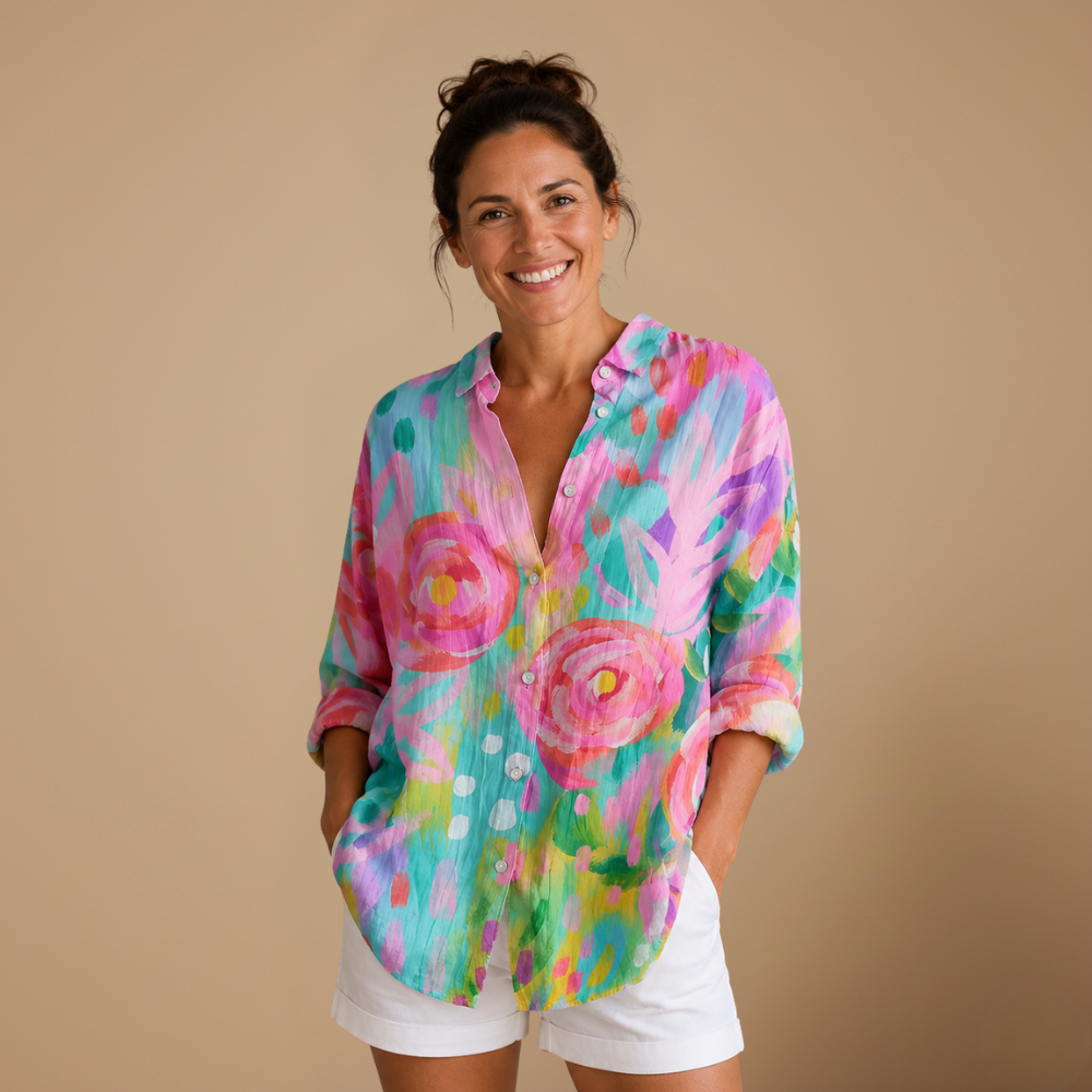 Dames casual blouse met bloemenprint lange mouwen en knopen Jelle Jora Mode