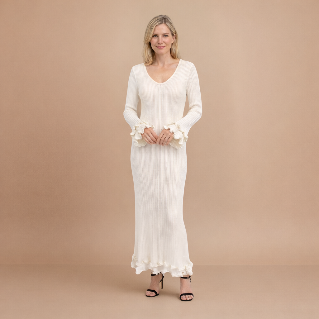 Dames elegante maxi zomerjurk met lange mouwen en ribstof Jelle Jora Mode