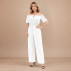 Dames off-shoulder jumpsuit met plooien en wijde pijpen Jelle Jora Mode
