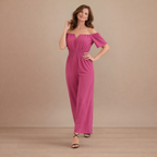 Dames off-shoulder jumpsuit met plooien en wijde pijpen Jelle Jora Mode