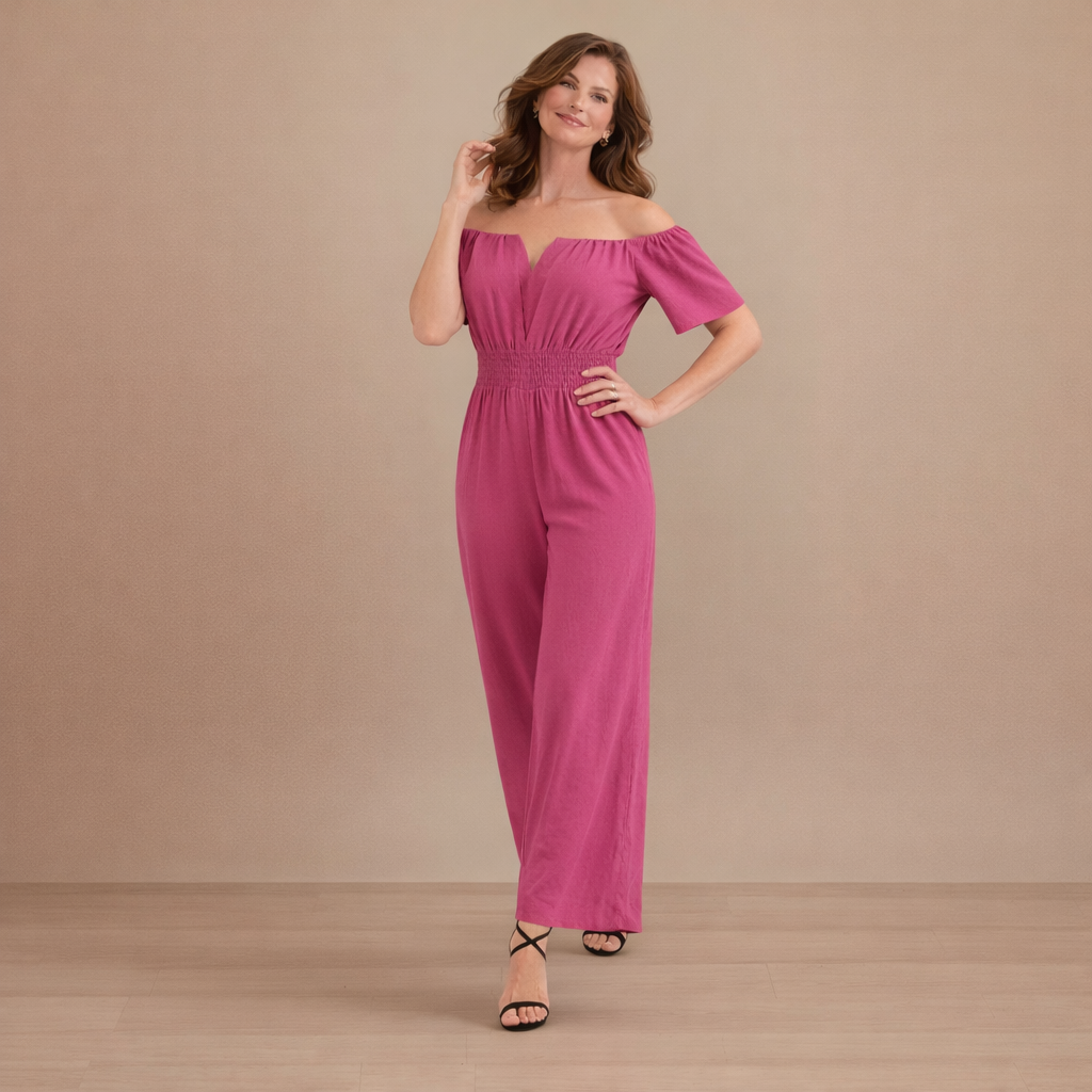 Dames off-shoulder jumpsuit met plooien en wijde pijpen Jelle Jora Mode