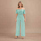 Dames off-shoulder jumpsuit met plooien en wijde pijpen Jelle Jora Mode