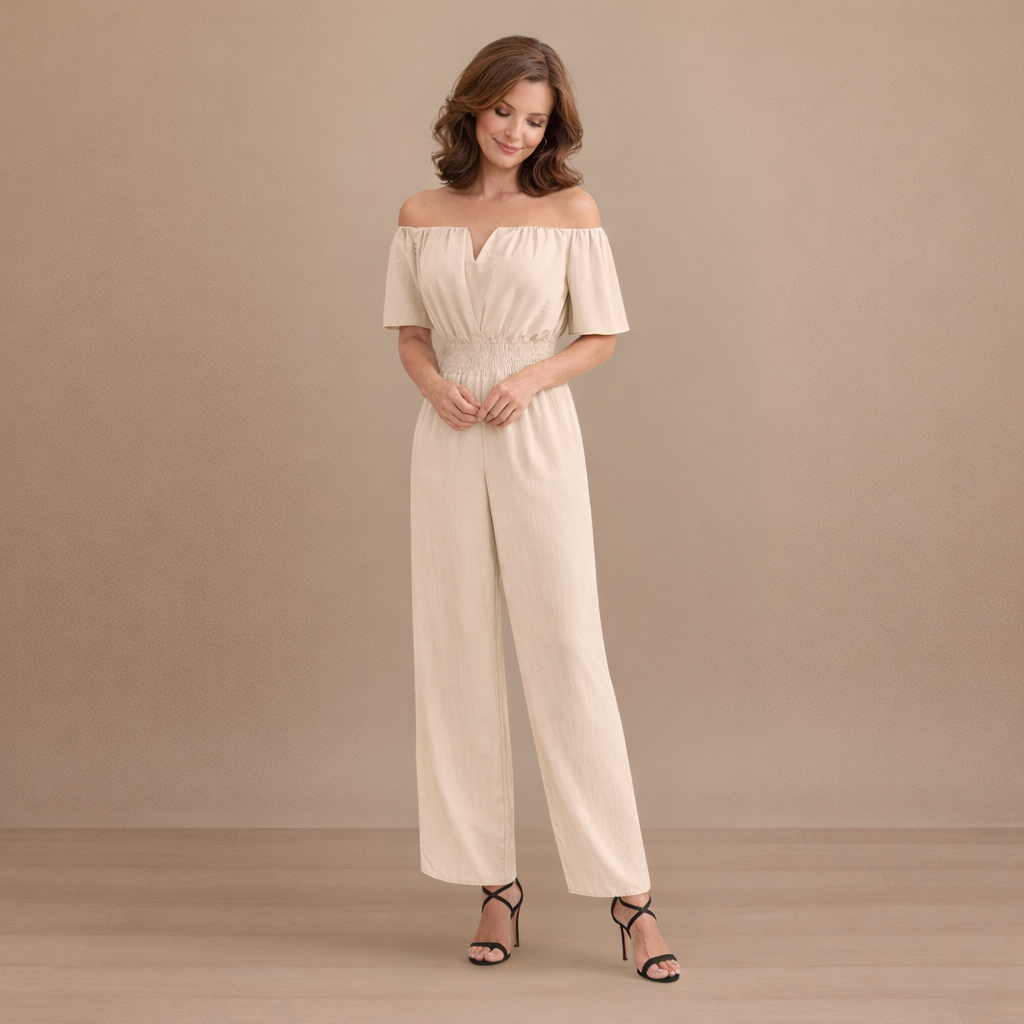 Dames off-shoulder jumpsuit met plooien en wijde pijpen Jelle Jora Mode