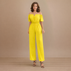 Dames off-shoulder jumpsuit met plooien en wijde pijpen Jelle Jora Mode