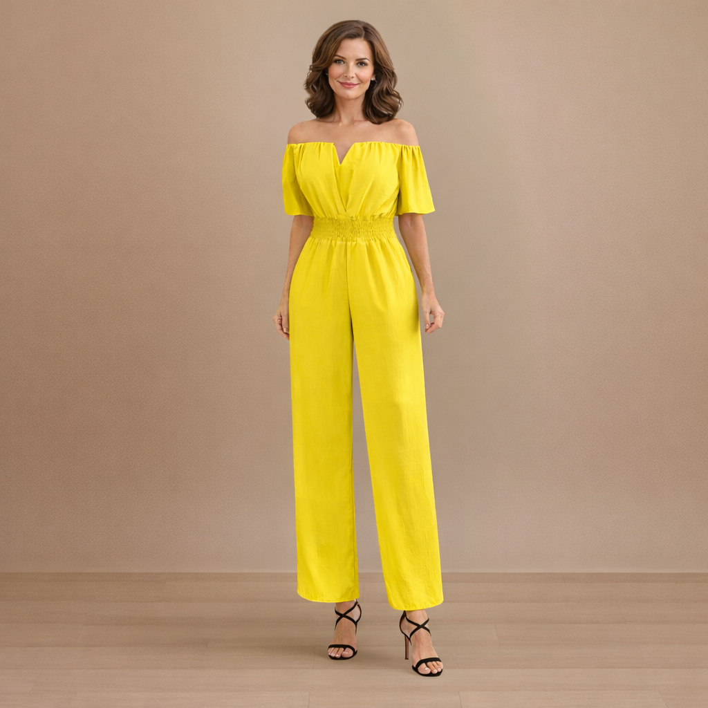 Dames off-shoulder jumpsuit met plooien en wijde pijpen Jelle Jora Mode