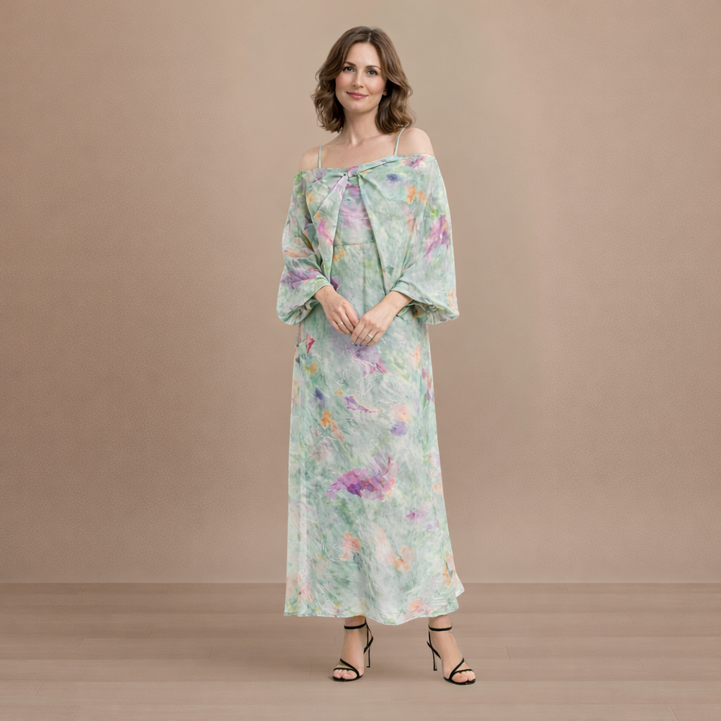Dames maxi-lange bloemenjurk met zachte drapering Jelle Jora Mode