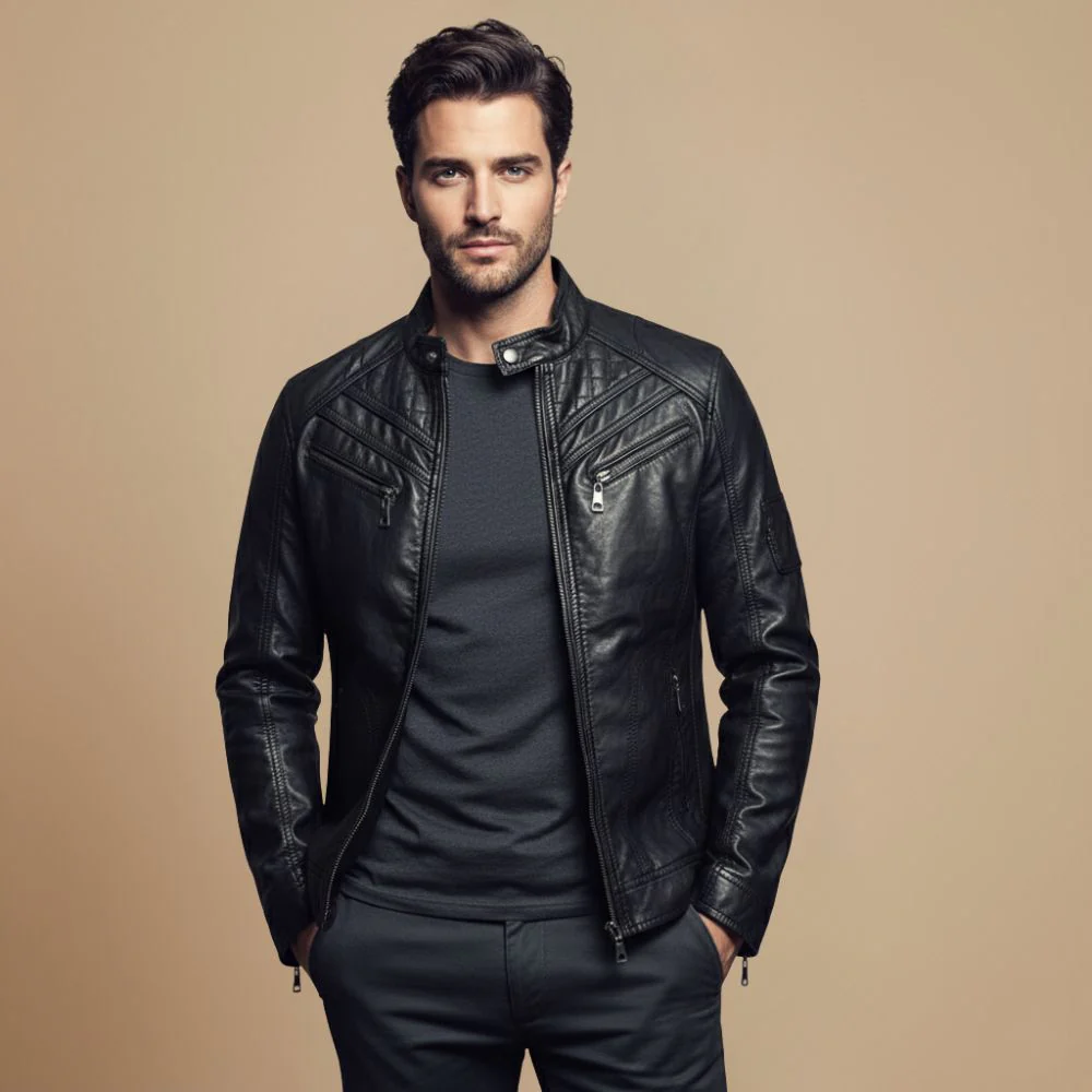 Slim fit biker faux leather jacket voor heren Jelle Jora Mode