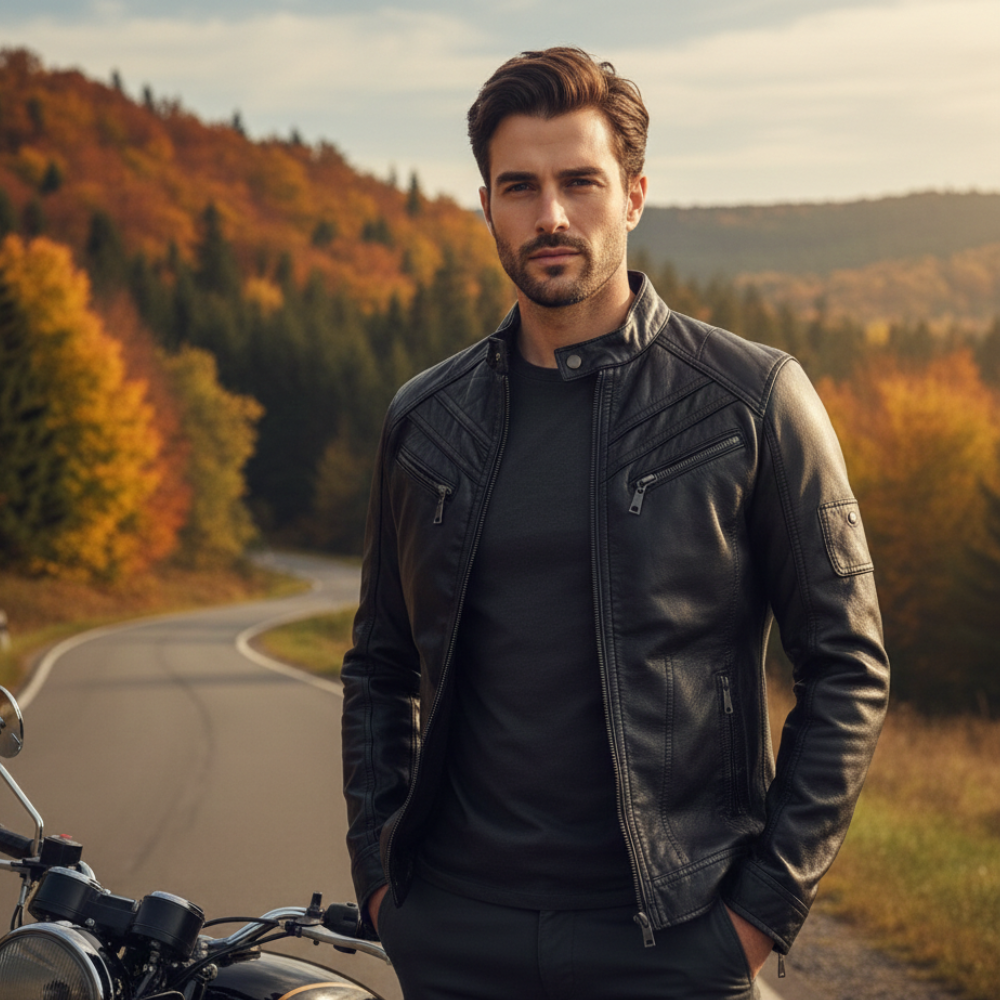 Męska kurtka ze sztucznej skóry typu slim fit biker